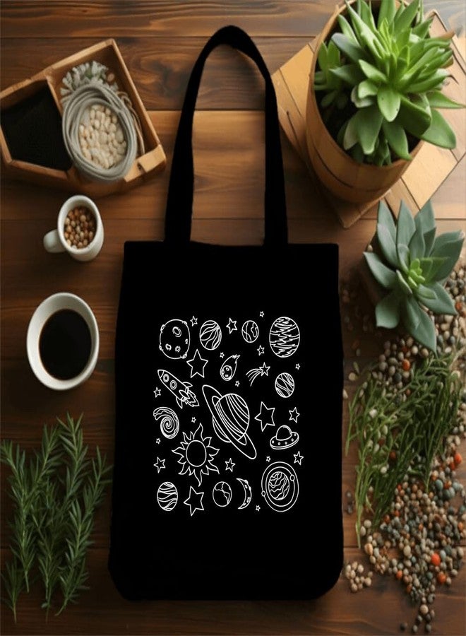 Roundsun Cotton Canvas Printed Vertical Women Tote Bag | 300 GSM Cloth |100% Organic Cotton | Shopping/Grocery Bag | Zip Clouser | Multi-Purpose Bag | Reusable (Universe, Black) - Image 4